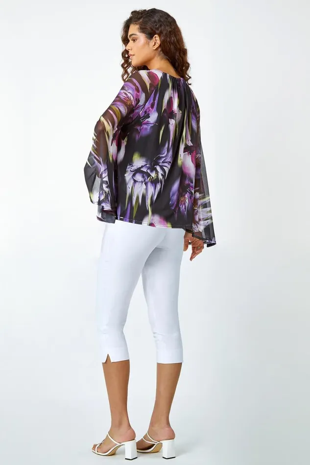 Purple Floral Print Mesh Stretch Top Women Roman Tops