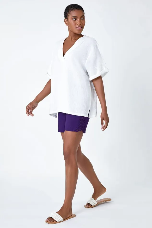 Purple Lace Trim Stretch Elastic Waist Shorts Women Roman Coords