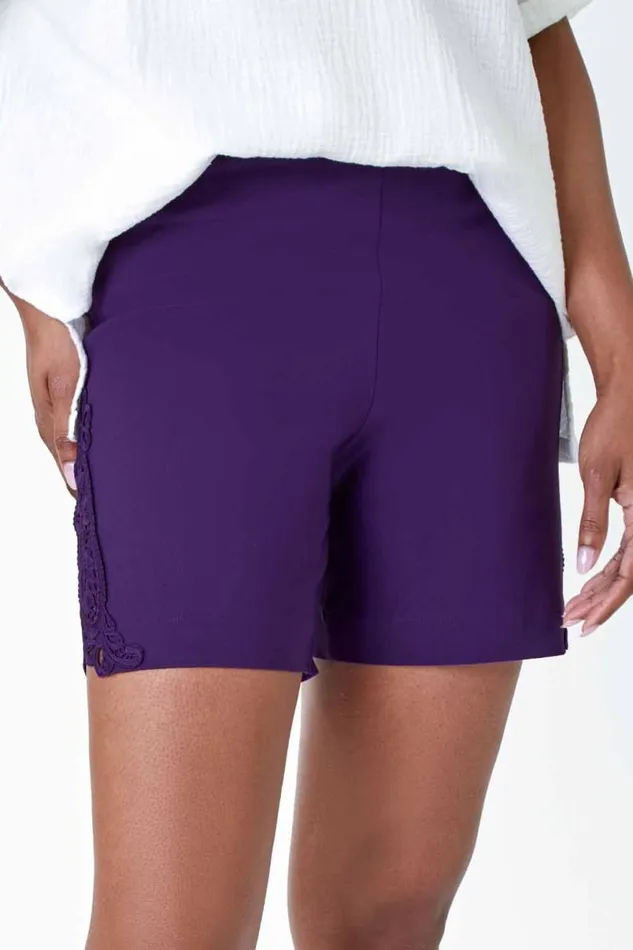 Purple Lace Trim Stretch Elastic Waist Shorts Women Roman Coords