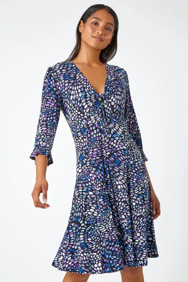 Purple Mosaic Print Frill Hem Stretch Dress Women Roman Dresses