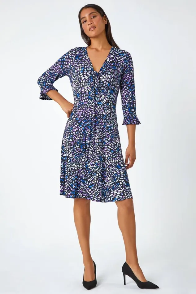 Purple Mosaic Print Frill Hem Stretch Dress Women Roman Dresses