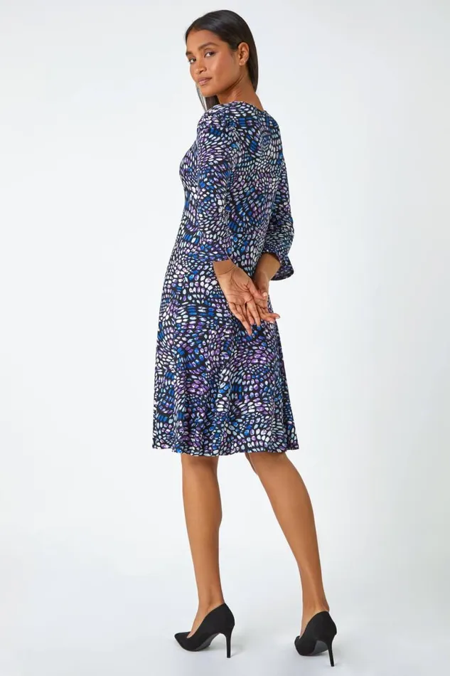 Purple Mosaic Print Frill Hem Stretch Dress Women Roman Dresses