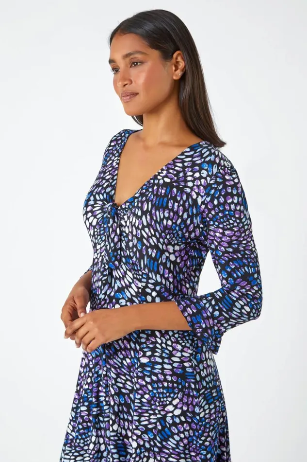 Purple Mosaic Print Frill Hem Stretch Dress Women Roman Dresses