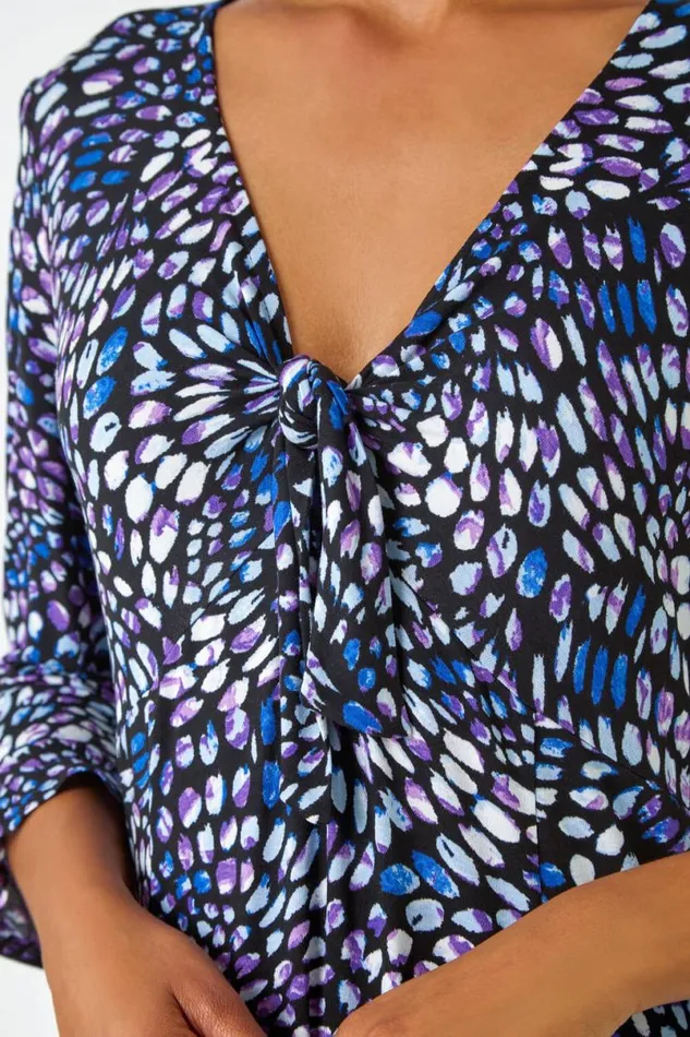Purple Mosaic Print Frill Hem Stretch Dress Women Roman Dresses