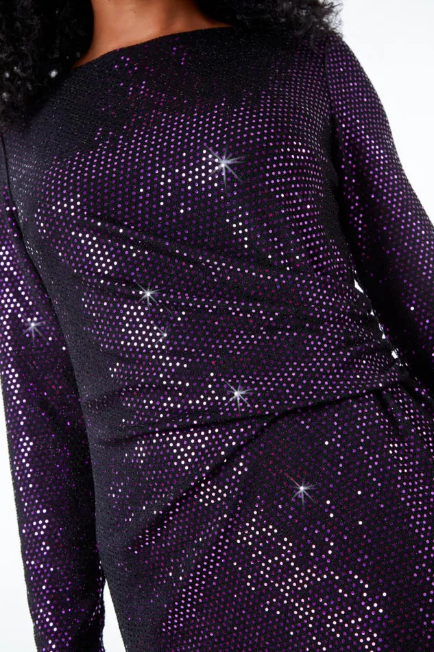 Purple Petite Ruched Glitter Dress Women Roman Dresses