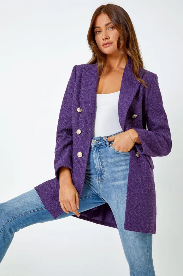 Purple Tailored Longline Boucle Jacket Women Roman Jackets