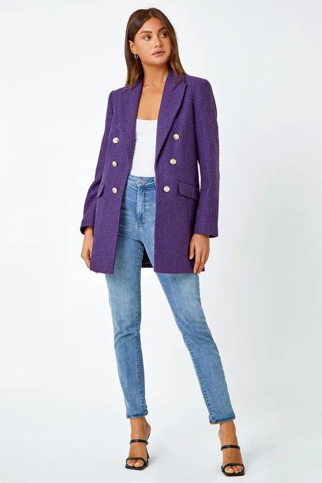 Purple Tailored Longline Boucle Jacket Women Roman Jackets