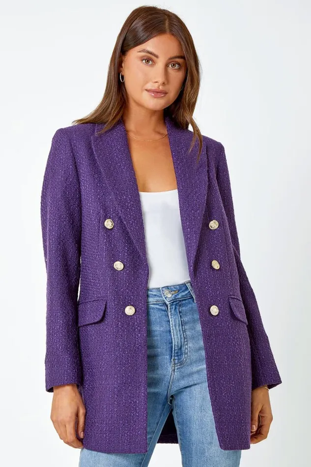 Purple Tailored Longline Boucle Jacket Women Roman Jackets