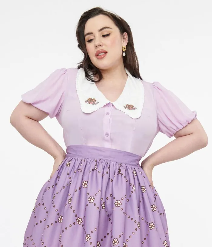 Pusheen X Plus Size Lavender Pusheen Springtime Embroidered Oversized Collar Blouse Clothing Unique Vintage Blouses