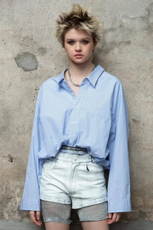 R13 Tops Women Gathered Hem Shirt 8211 Light Blue Pinstripe