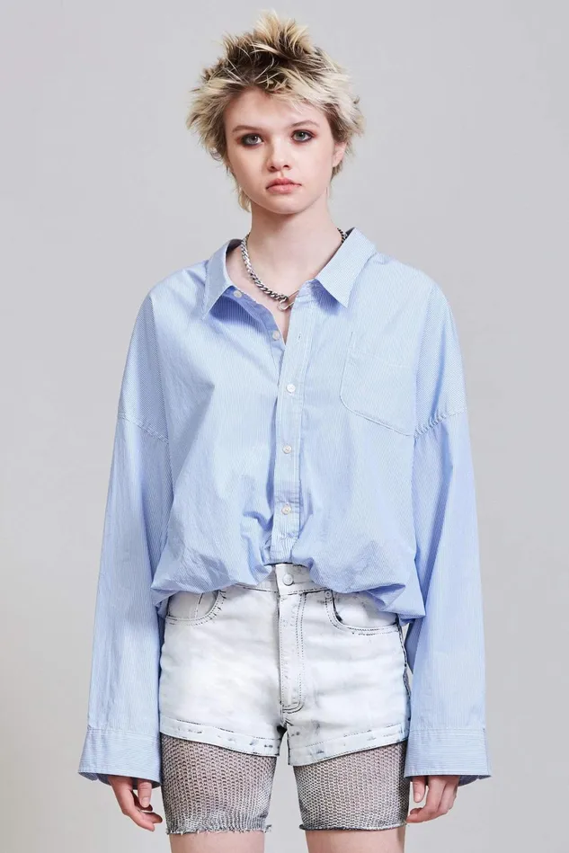 R13 Tops Women Gathered Hem Shirt 8211 Light Blue Pinstripe R13 Tops Women Gathered Hem Shirt 8211 Light Blue Pinstripe
