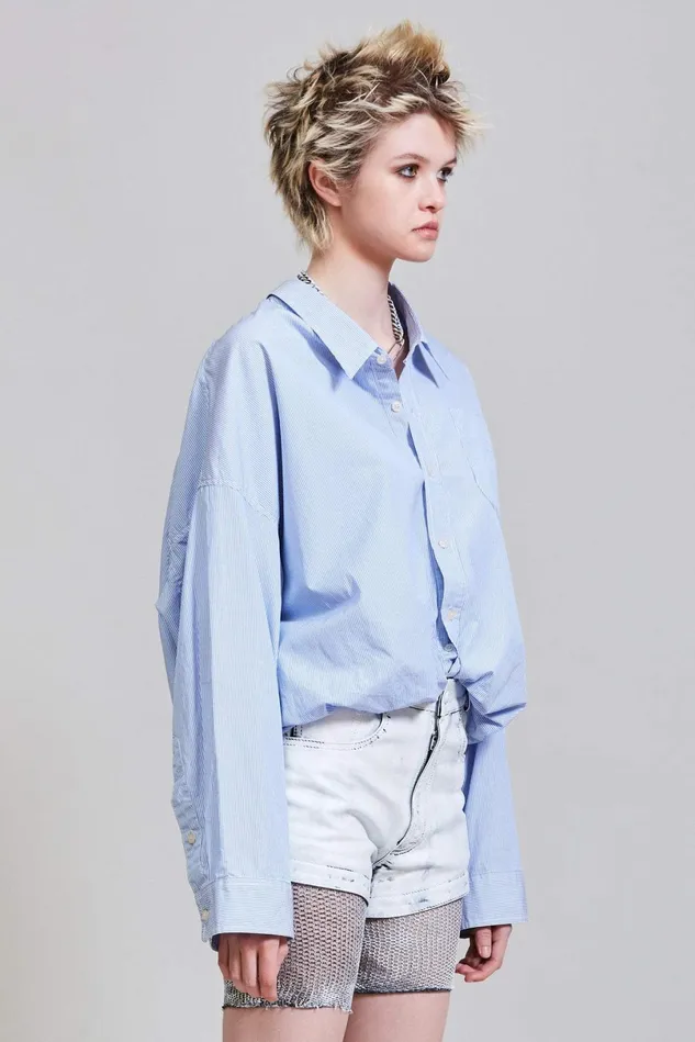 R13 Tops Women Gathered Hem Shirt 8211 Light Blue Pinstripe R13 Tops Women Gathered Hem Shirt 8211 Light Blue Pinstripe