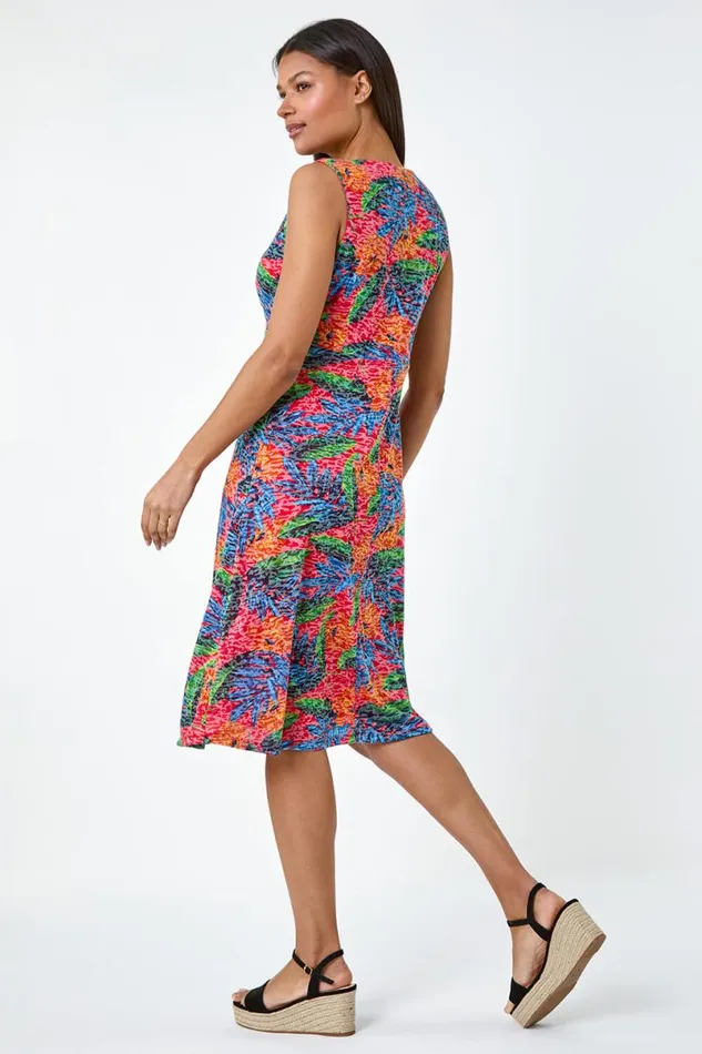 Red Burnout Tropical Print Stretch Dress Women Roman Dresses
