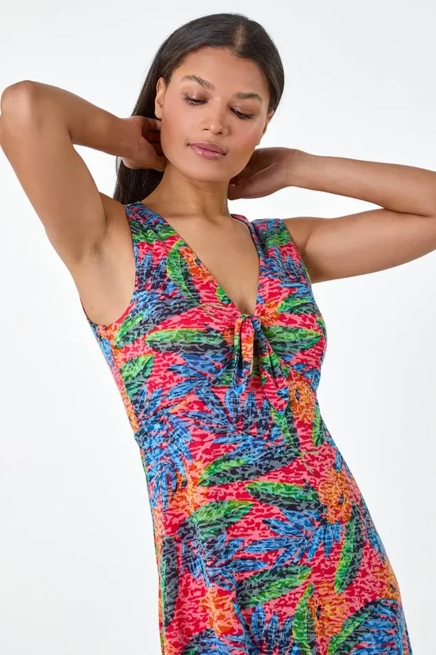 Red Burnout Tropical Print Stretch Dress Women Roman Dresses