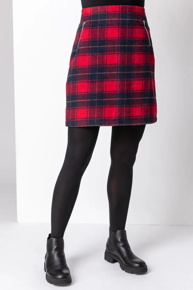 Red Checked Zip Detail Brushed A Line Skirt Women Roman Skirts