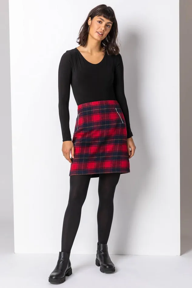 Red Checked Zip Detail Brushed A Line Skirt Women Roman Skirts