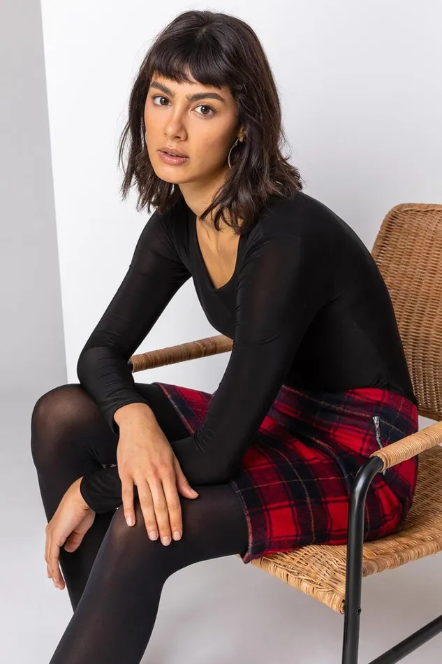 Red Checked Zip Detail Brushed A Line Skirt Women Roman Skirts