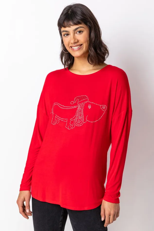 Red Christmas Dog Motif Jersey Top Women Roman Tops