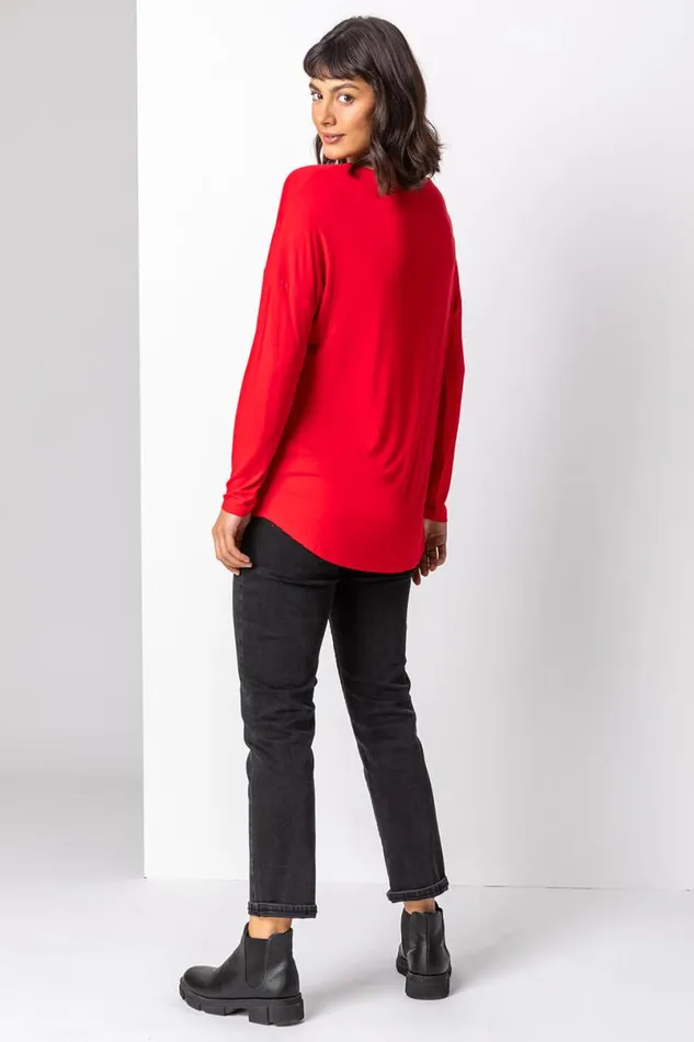 Red Christmas Dog Motif Jersey Top Women Roman Tops