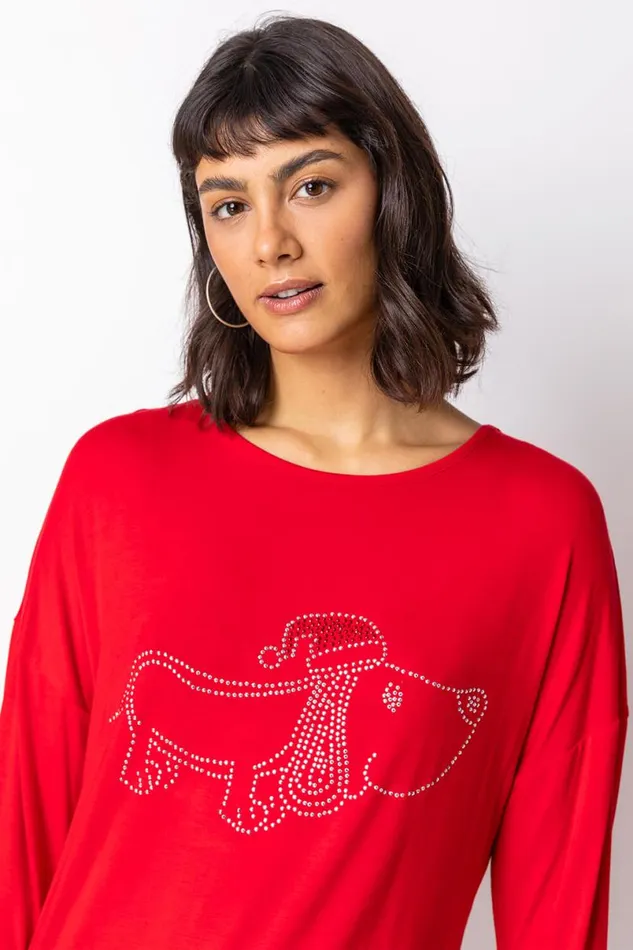 Red Christmas Dog Motif Jersey Top Women Roman Tops
