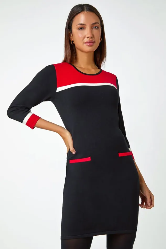 Red Colour Block Knitted Dress Women Roman Dresses