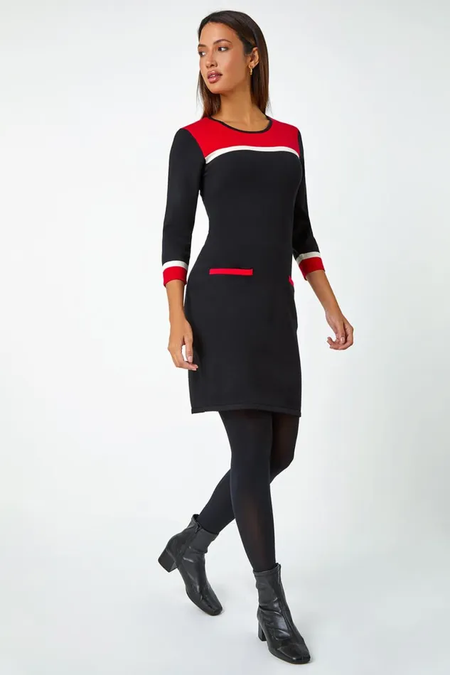 Red Colour Block Knitted Dress Women Roman Dresses