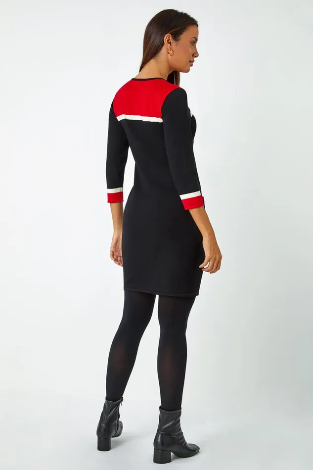 Red Colour Block Knitted Dress Women Roman Dresses