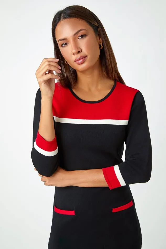 Red Colour Block Knitted Dress Women Roman Dresses