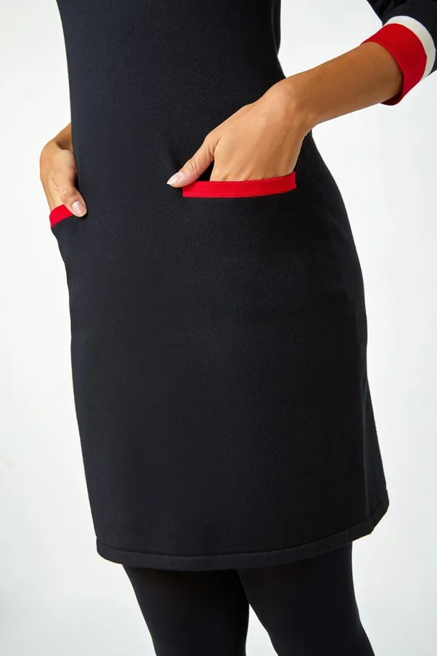 Red Colour Block Knitted Dress Women Roman Dresses