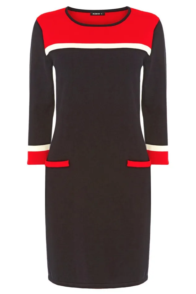 Red Colour Block Knitted Dress Women Roman Dresses