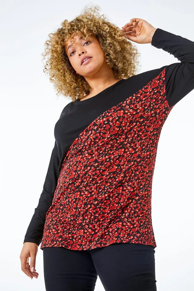 Red Curve Animal Print Panel Jersey Top Women Roman Tops
