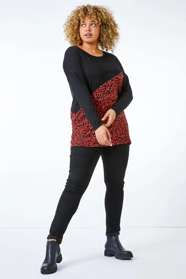 Red Curve Animal Print Panel Jersey Top Women Roman Tops