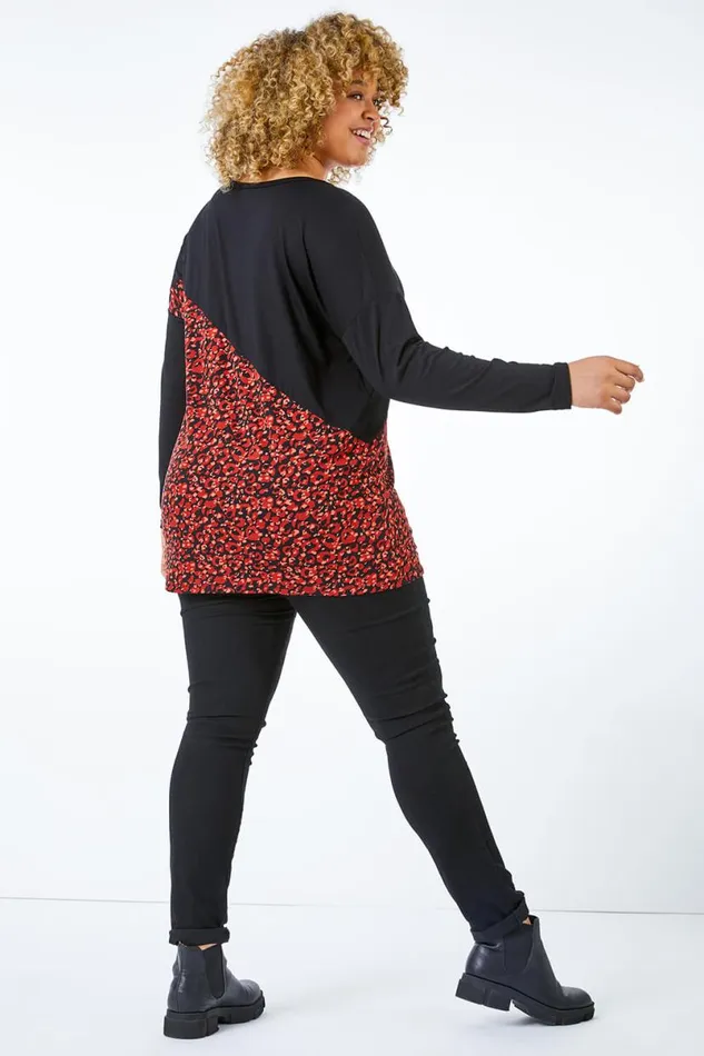 Red Curve Animal Print Panel Jersey Top Women Roman Tops
