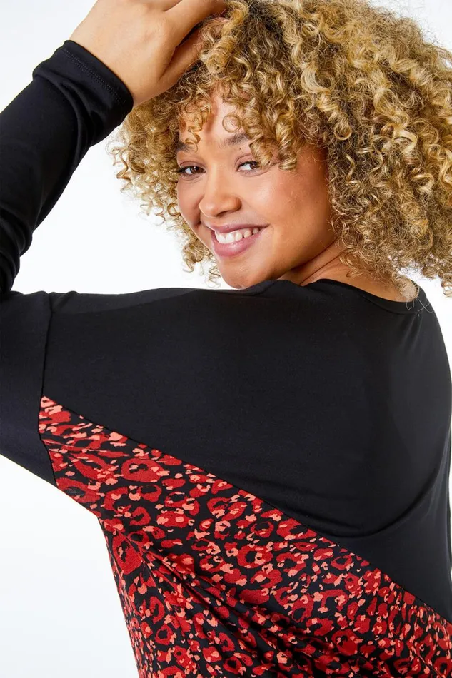 Red Curve Animal Print Panel Jersey Top Women Roman Tops