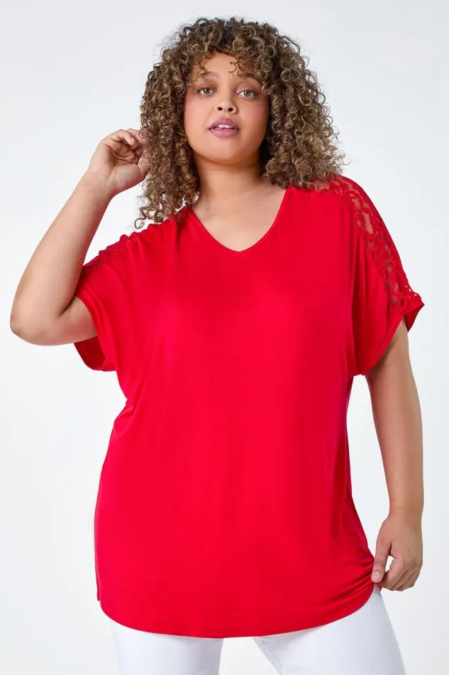 Red Curve Lace Shoulder Stretch Jersey TShirt Women Roman Tops