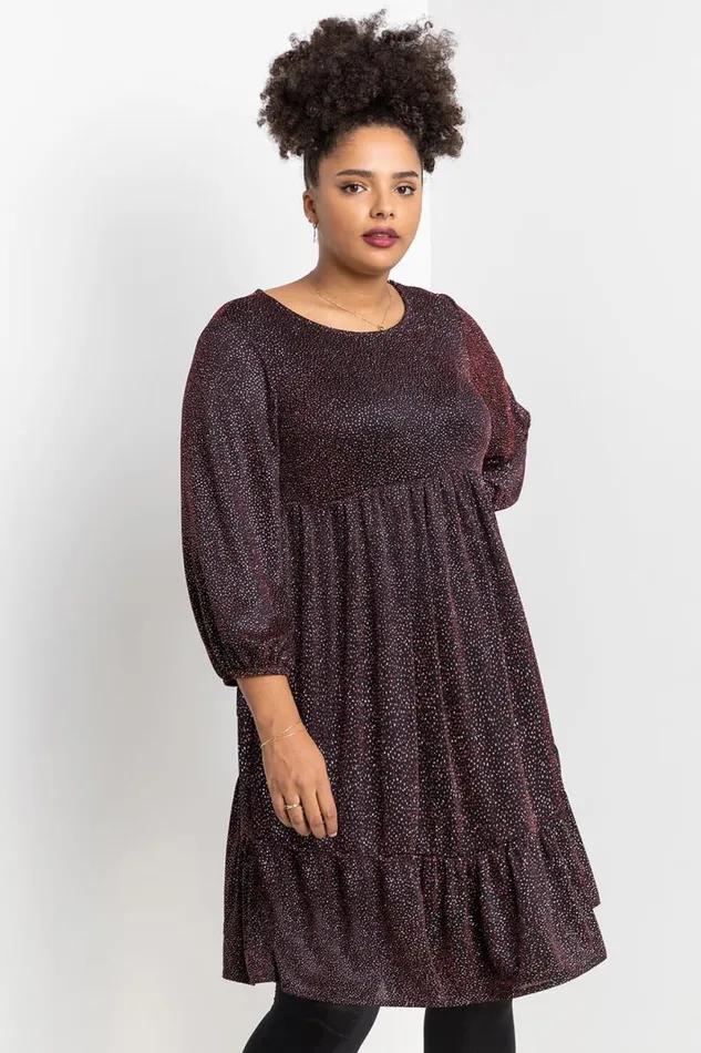 Red Curve Shimmer Tiered Shift Dress Women Roman Dresses