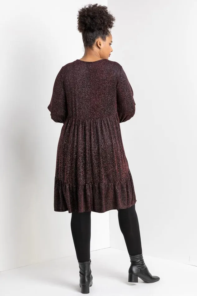 Red Curve Shimmer Tiered Shift Dress Women Roman Dresses