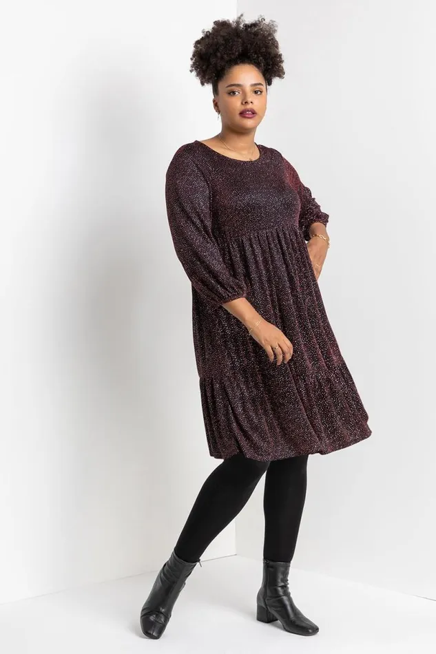 Red Curve Shimmer Tiered Shift Dress Women Roman Dresses