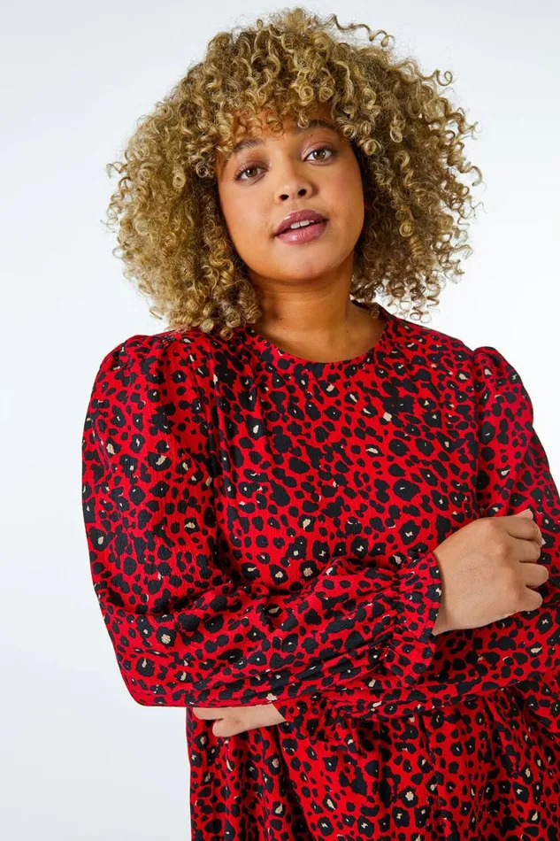 Red Curve Textured Leopard Print Tunic Dress Women Roman Dresses