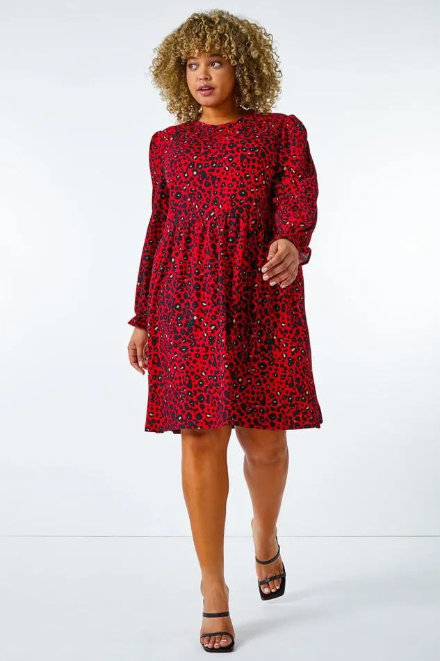 Red Curve Textured Leopard Print Tunic Dress Women Roman Dresses