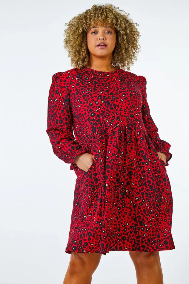 Red Curve Textured Leopard Print Tunic Dress Women Roman Dresses