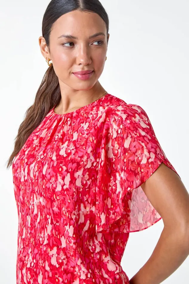 Red Ditsy Floral Frill Sleeve Top Women Roman Tops