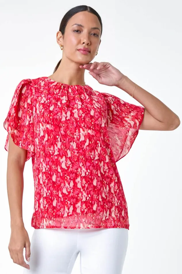 Red Ditsy Floral Frill Sleeve Top Women Roman Tops