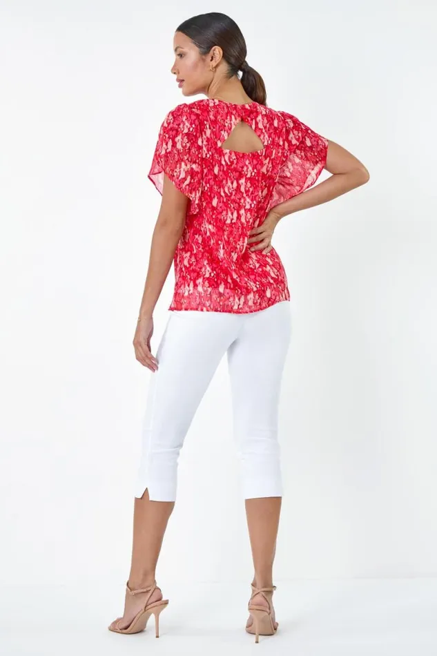 Red Ditsy Floral Frill Sleeve Top Women Roman Tops