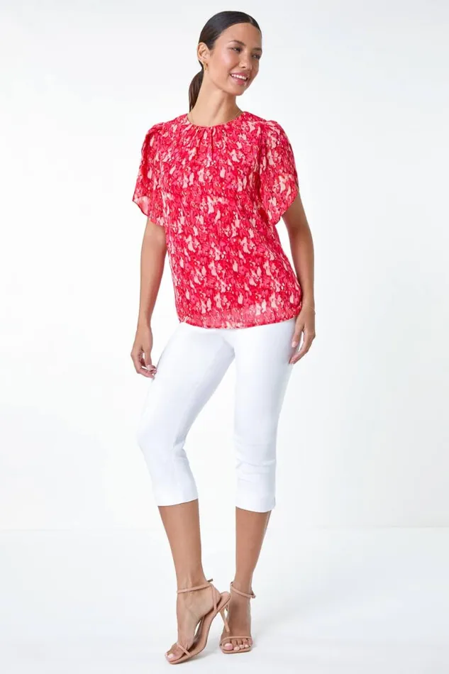 Red Ditsy Floral Frill Sleeve Top Women Roman Tops