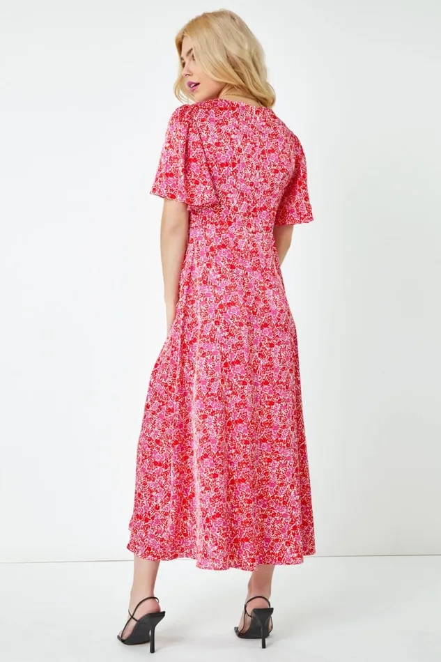 Red Ditsy Floral Satin Midi Dress Women Roman Dresses