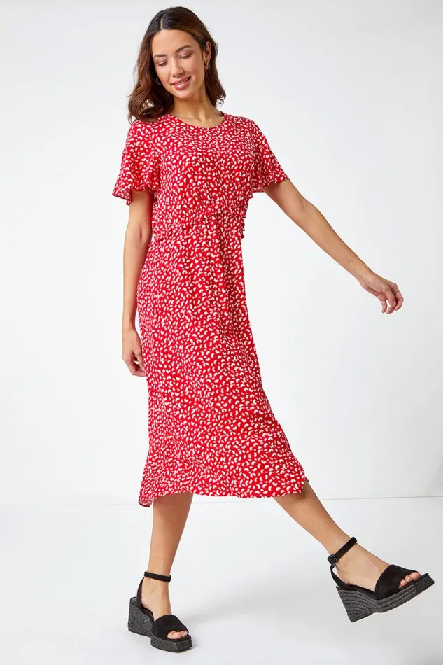 Red Ditsy Print Frill Waist Midi Dress Women Roman Dresses