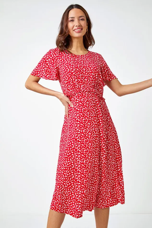 Red Ditsy Print Frill Waist Midi Dress Women Roman Dresses