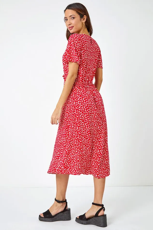 Red Ditsy Print Frill Waist Midi Dress Women Roman Dresses