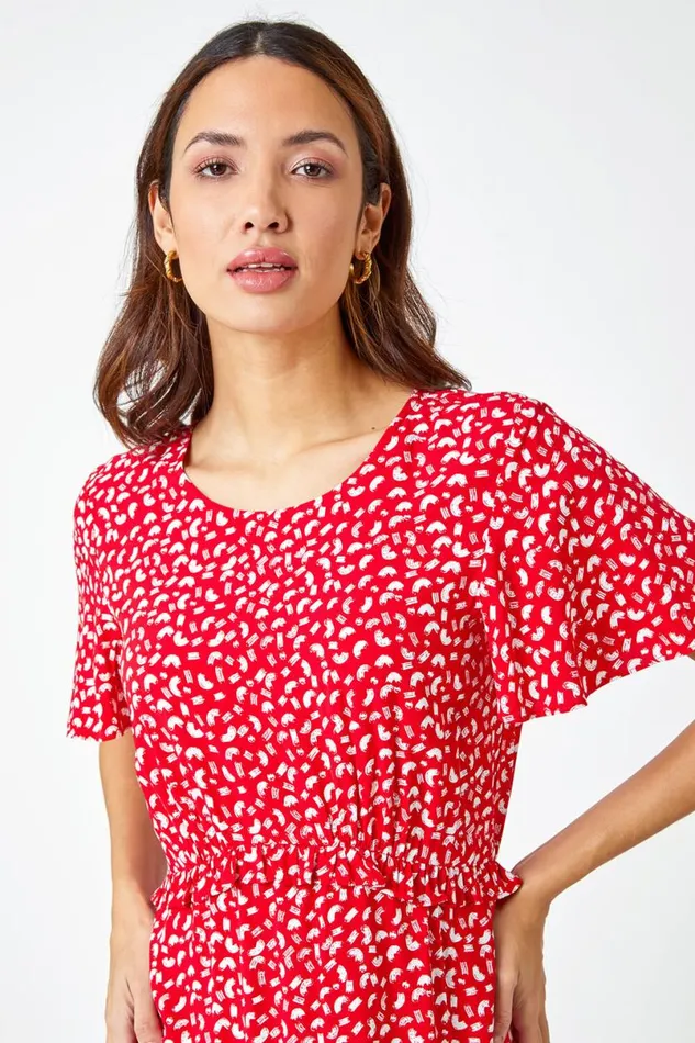 Red Ditsy Print Frill Waist Midi Dress Women Roman Dresses